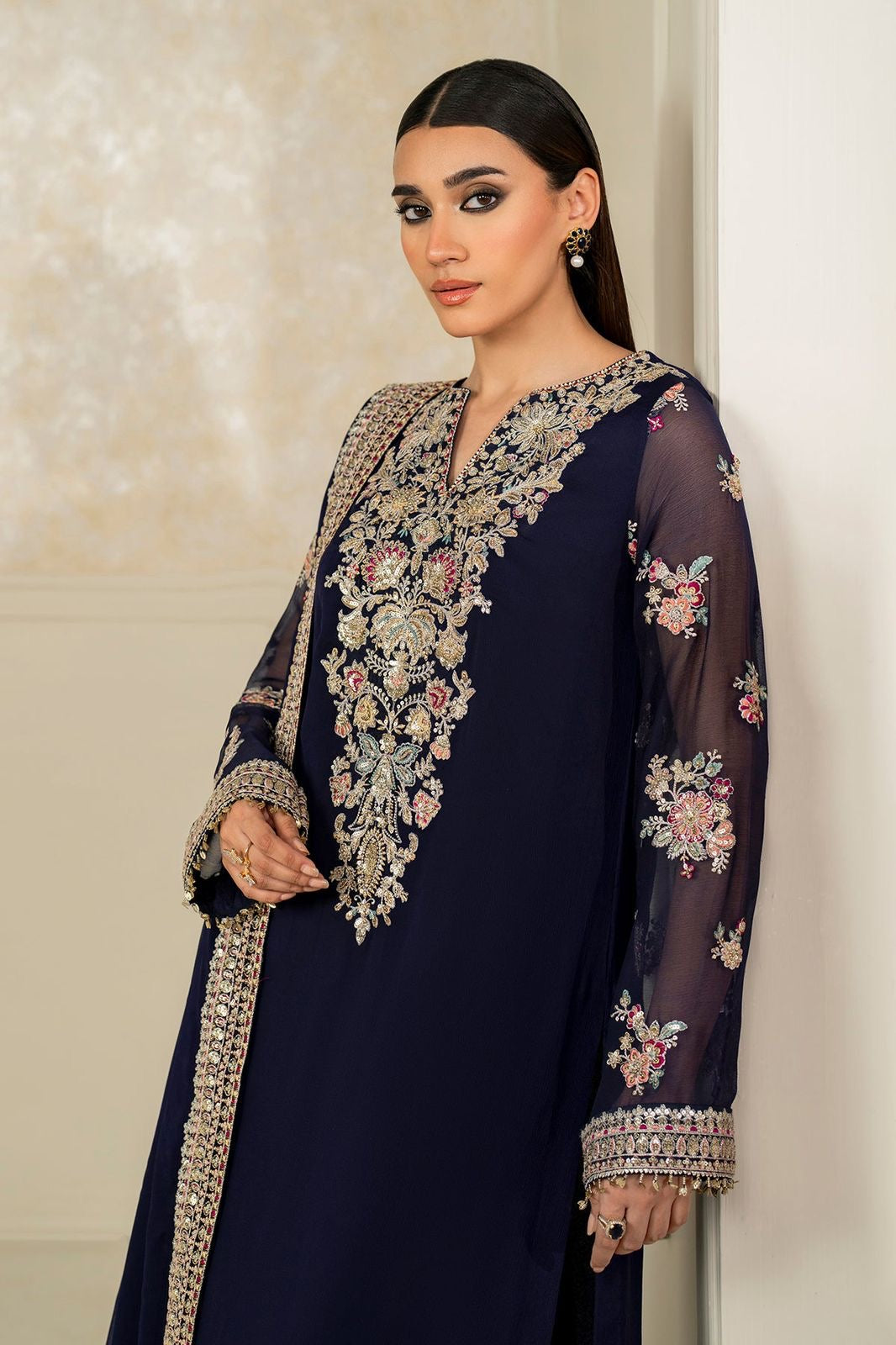 Robina Luxury Blue classy Chiffon Heavy embroidered Neckline 3 piece ready to wear traditional embroidered asian stylish womenswear outfit - Watch video