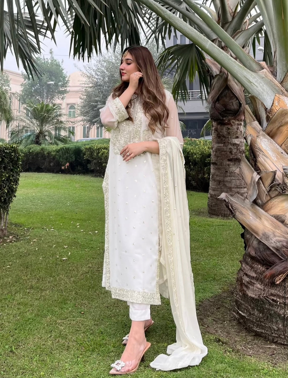 Sara Luxury Chiffon silver embroidered traditional 3 piece suit ready to wear long shirt style outfit