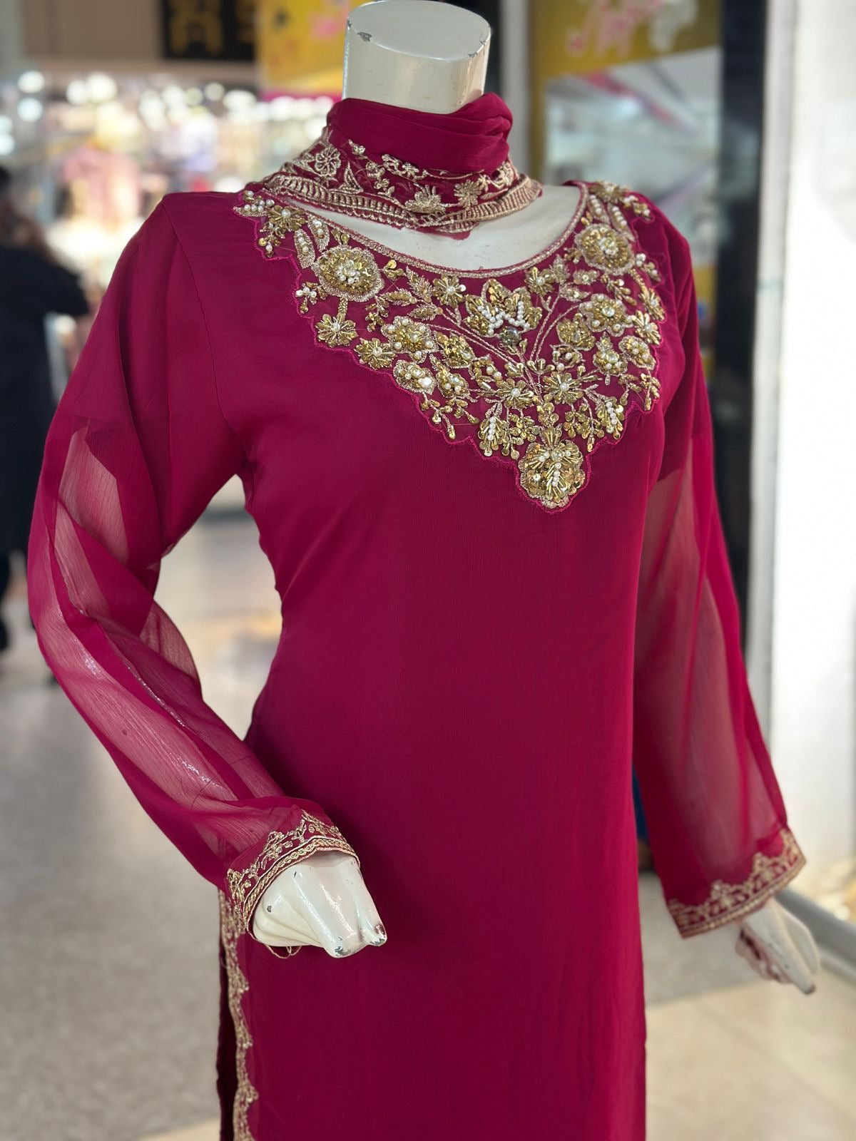 Queen Heavy Handwork Neck Chiffon 3 piece ready to wear traditional suit