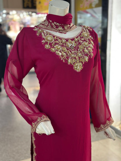 Queen Heavy Handwork Neck Chiffon 3 piece ready to wear traditional suit