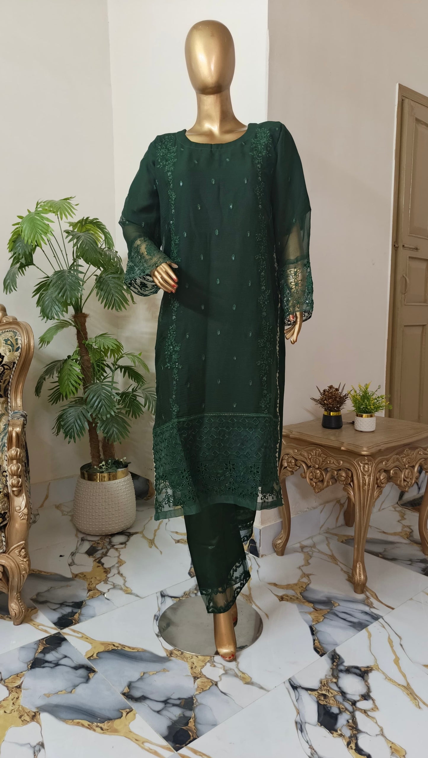 PRL GREEN Chiffon 3 piece ready to wear traditional suit - women wear - embroidered shirt & Duppatta - Katan Silk Trouser