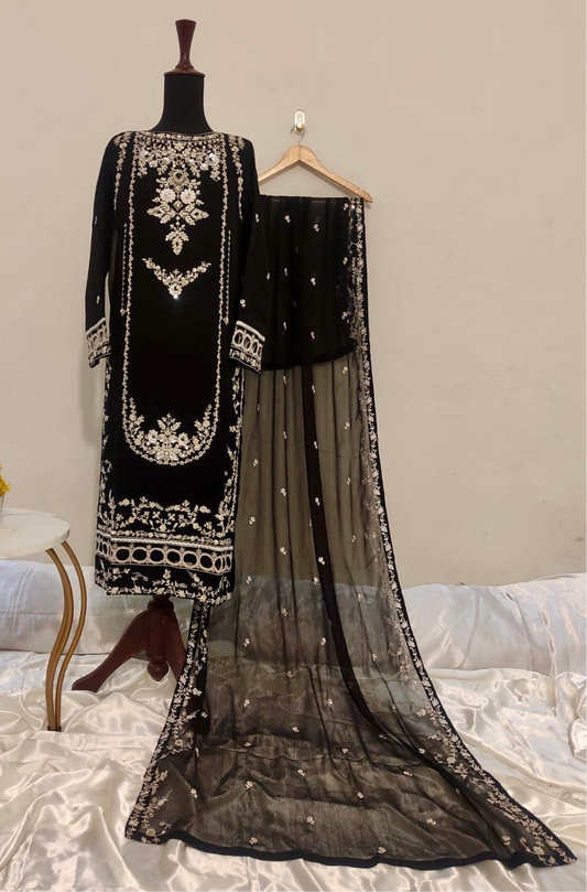 AREEBA Heavy Handwork Shirt front Neck Chiffon 3 piece ready to wear traditional suit