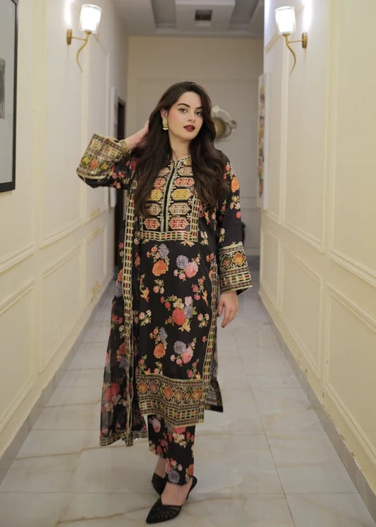 ROONI BLACK Silk 3 piece ready to wear Printed & Embroidered traditional handwork stylish womenswear outfit