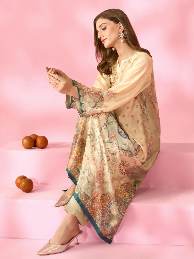 Zariya-e-Noor Printed Silk Kaftan With Hand Crafted Adda Work Ready to Wear Pakistani Festive Party Wear Women's Outfit
