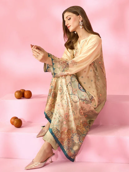 Zariya-e-Noor Printed Silk Kaftan With Hand Crafted Adda Work Ready to Wear Pakistani Festive Party Wear Women's Outfit