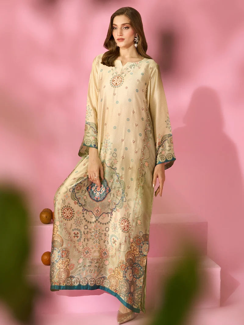 Zariya-e-Noor Printed Silk Kaftan With Hand Crafted Adda Work Ready to Wear Pakistani Festive Party Wear Women's Outfit