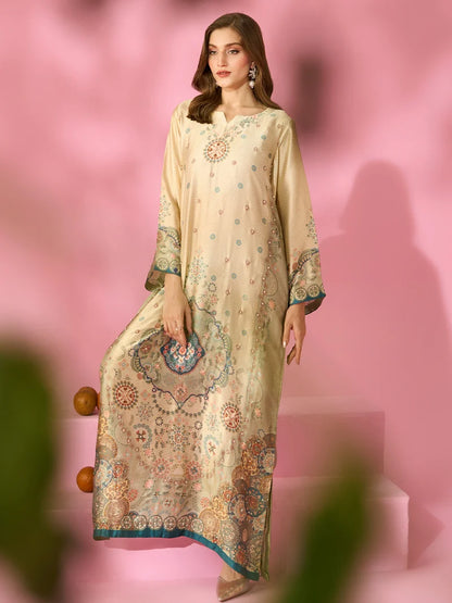 Zariya-e-Noor Printed Silk Kaftan With Hand Crafted Adda Work Ready to Wear Pakistani Festive Party Wear Women's Outfit