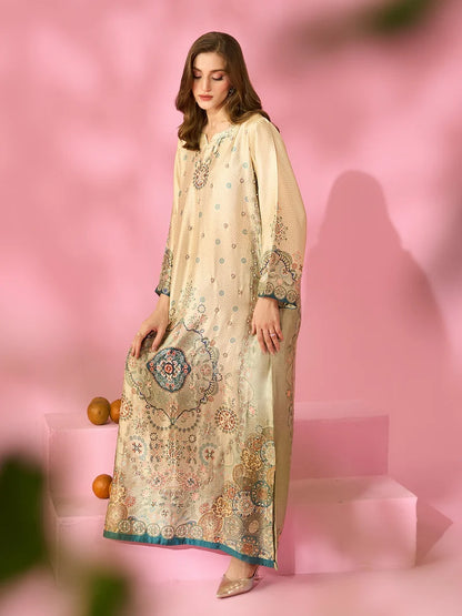 Zariya-e-Noor Printed Silk Kaftan With Hand Crafted Adda Work Ready to Wear Pakistani Festive Party Wear Women's Outfit