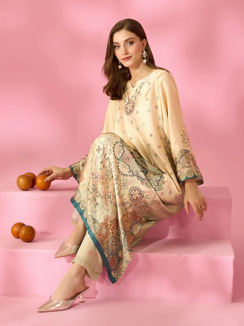 Zariya-e-Noor Printed Silk Kaftan With Hand Crafted Adda Work Ready to Wear Pakistani Festive Party Wear Women's Outfit