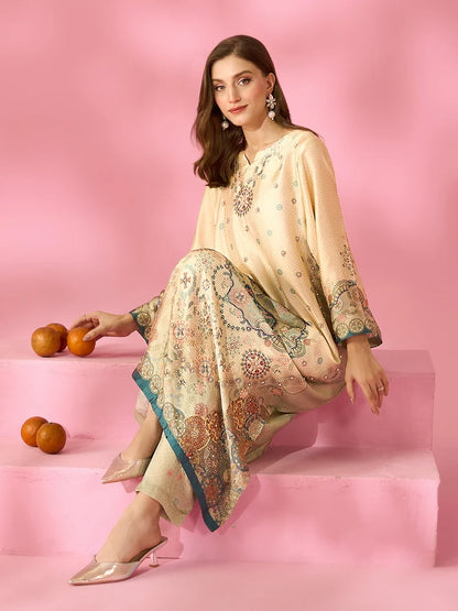 Zariya-e-Noor Printed Silk Kaftan With Hand Crafted Adda Work Ready to Wear Pakistani Festive Party Wear Women's Outfit