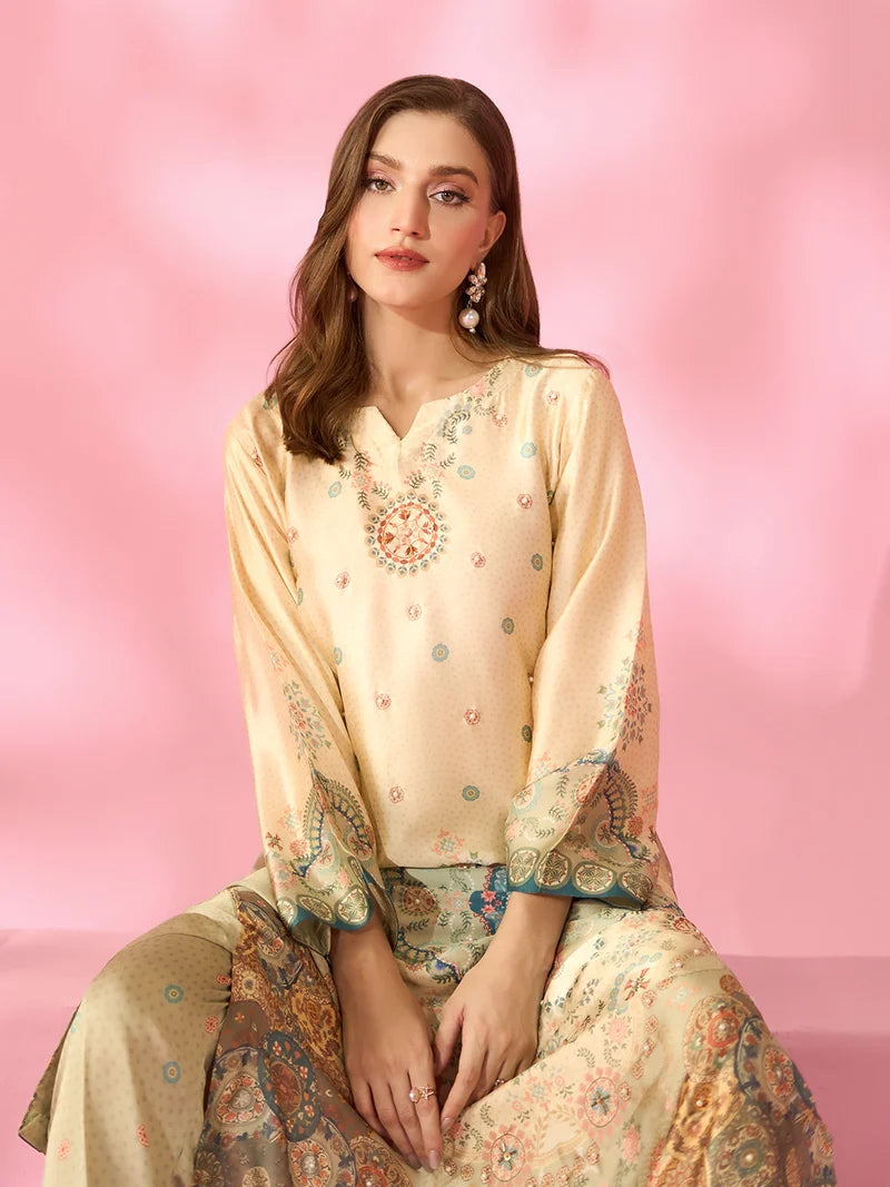 Zariya-e-Noor Printed Silk Kaftan With Hand Crafted Adda Work Ready to Wear Pakistani Festive Party Wear Women's Outfit
