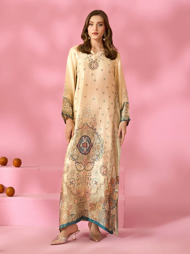 Zariya-e-Noor Printed Silk Kaftan With Hand Crafted Adda Work Ready to Wear Pakistani Festive Party Wear Women's Outfit