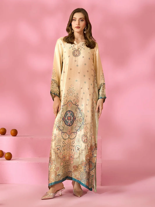 Zariya-e-Noor Printed Silk Kaftan With Hand Crafted Adda Work Ready to Wear Pakistani Festive Party Wear Women's Outfit
