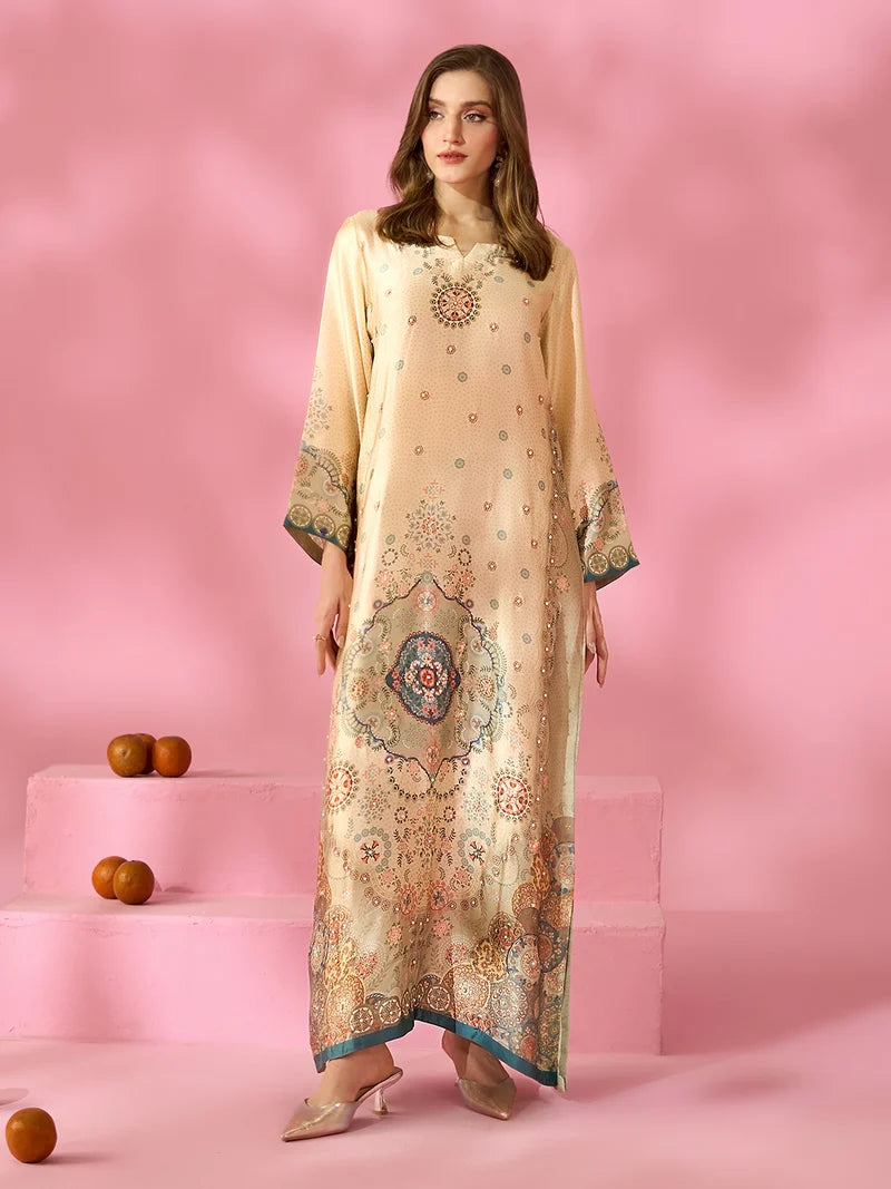 Zariya-e-Noor Printed Silk Kaftan With Hand Crafted Adda Work Ready to Wear Pakistani Festive Party Wear Women's Outfit