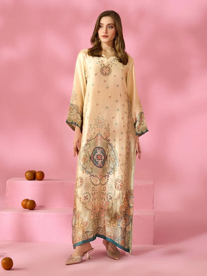 Zariya-e-Noor Printed Silk Kaftan With Hand Crafted Adda Work Ready to Wear Pakistani Festive Party Wear Women's Outfit