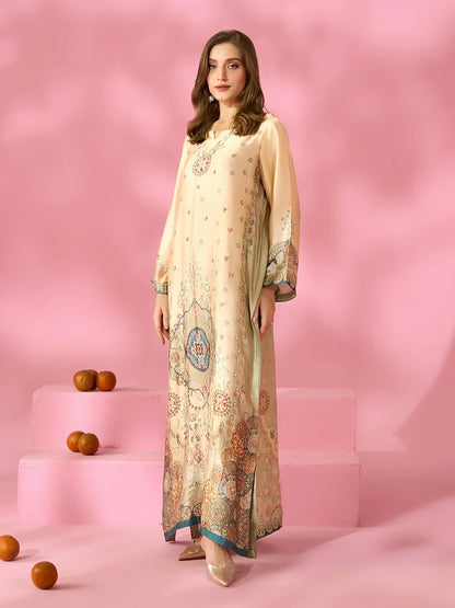 Zariya-e-Noor Printed Silk Kaftan With Hand Crafted Adda Work Ready to Wear Pakistani Festive Party Wear Women's Outfit