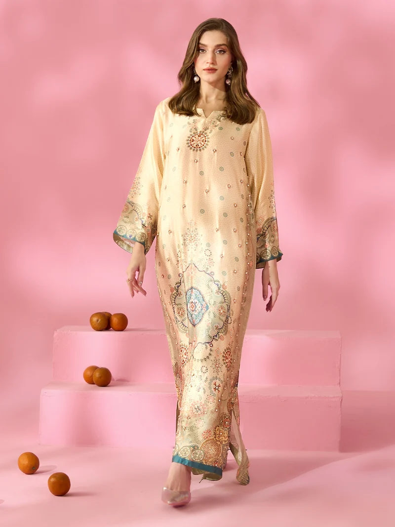 Zariya-e-Noor Printed Silk Kaftan With Hand Crafted Adda Work Ready to Wear Pakistani Festive Party Wear Women's Outfit