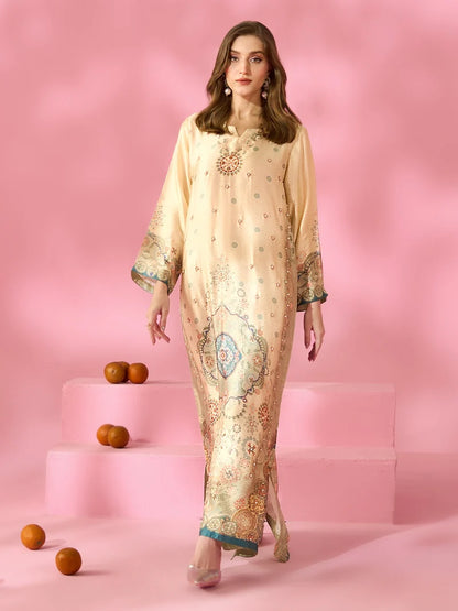 Zariya-e-Noor Printed Silk Kaftan With Hand Crafted Adda Work Ready to Wear Pakistani Festive Party Wear Women's Outfit