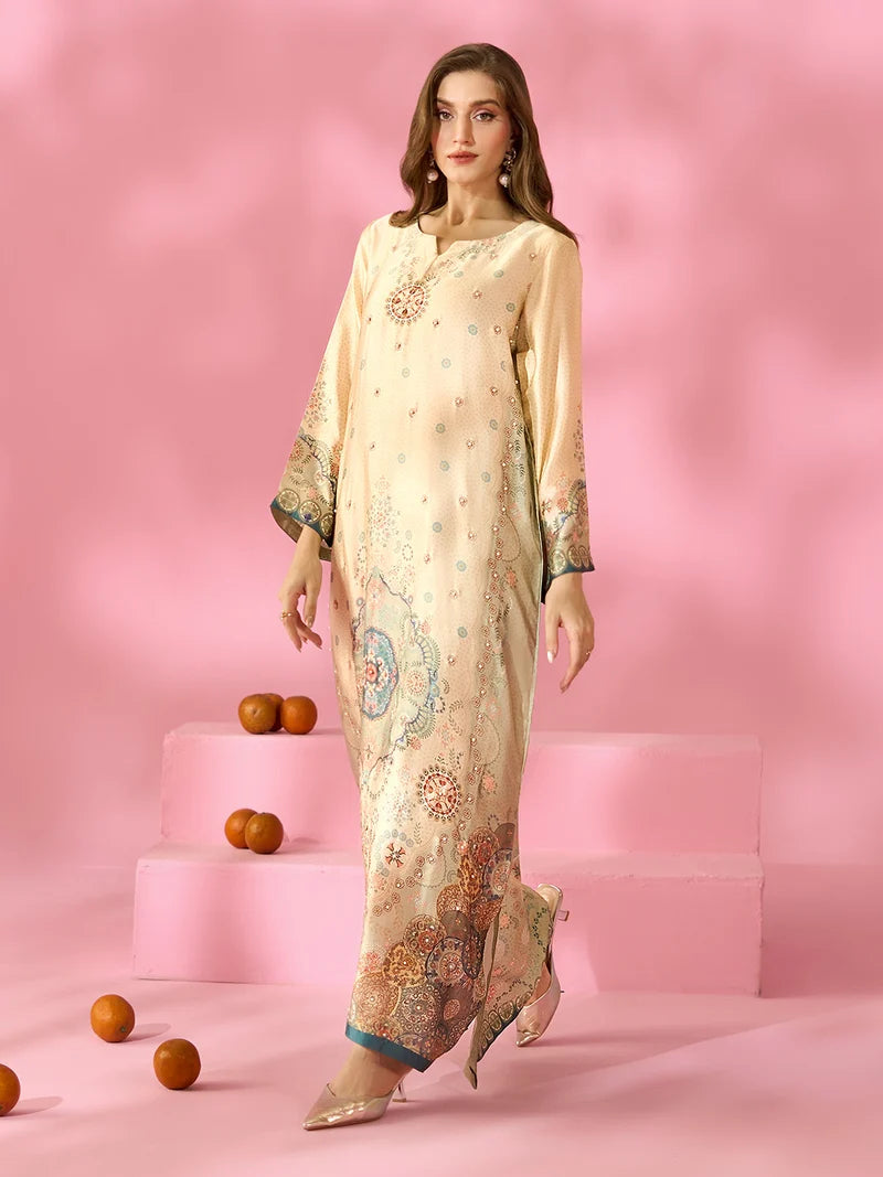 Zariya-e-Noor Printed Silk Kaftan With Hand Crafted Adda Work Ready to Wear Pakistani Festive Party Wear Women's Outfit
