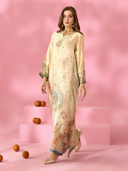 Zariya-e-Noor Printed Silk Kaftan With Hand Crafted Adda Work Ready to Wear Pakistani Festive Party Wear Women's Outfit