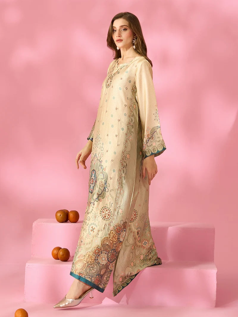 Zariya-e-Noor Printed Silk Kaftan With Hand Crafted Adda Work Ready to Wear Pakistani Festive Party Wear Women's Outfit