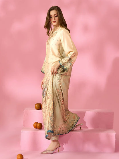 Zariya-e-Noor Printed Silk Kaftan With Hand Crafted Adda Work Ready to Wear Pakistani Festive Party Wear Women's Outfit