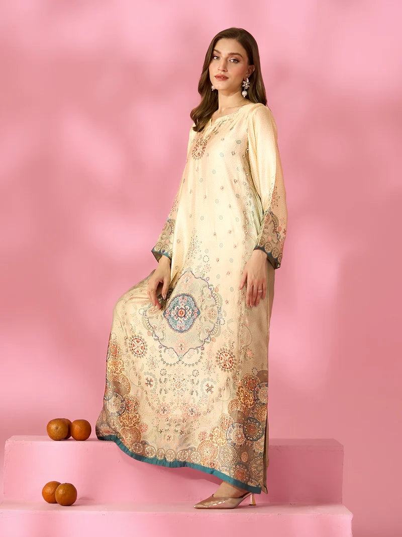 Zariya-e-Noor Printed Silk Kaftan With Hand Crafted Adda Work Ready to Wear Pakistani Festive Party Wear Women's Outfit