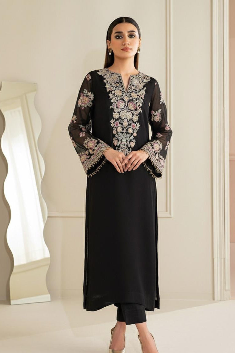 Humara Luxury BLACK classy Chiffon Heavy embroidered Neckline 3 piece ready to wear traditional embroidered asian stylish womenswear outfit - (Watch video)