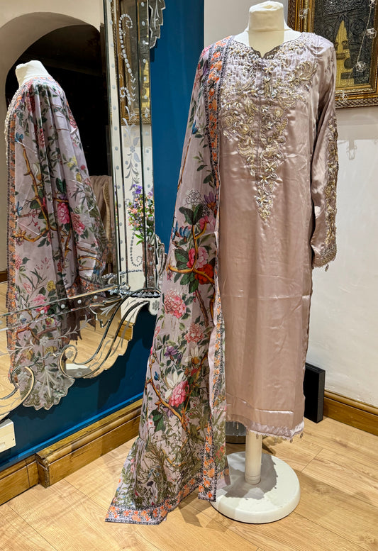 Lilac Silk 3 piece ready to wear traditional handwork stylish womenswear outfit with printed Duppatta