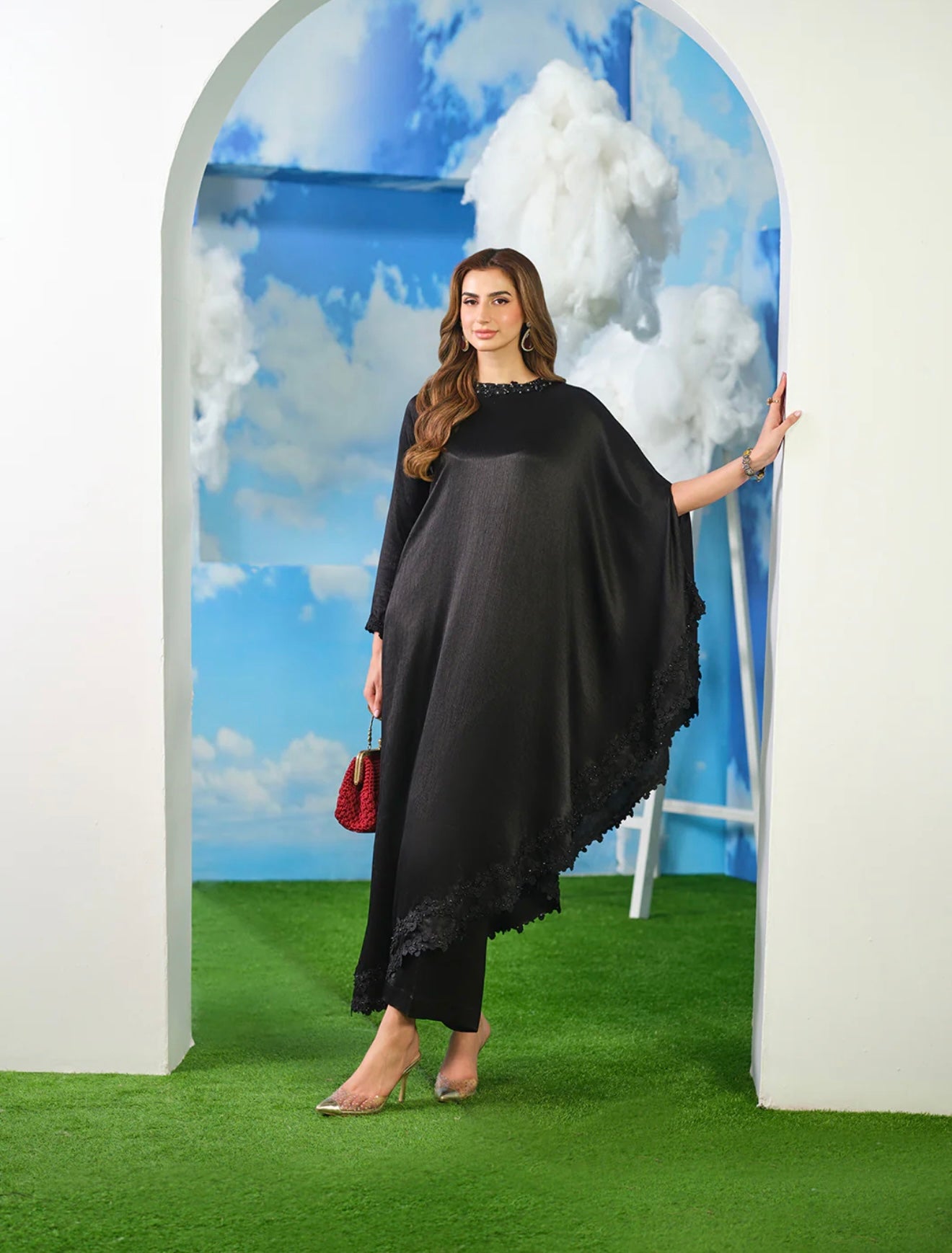 ANNIE Luxury Black Crinkle Silk Cape 2 piece ready to wear Stylish embroidered modern western eastern womenswear outfit