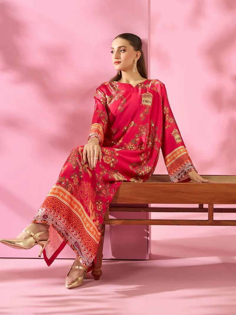 Meherbaan Luxe Printed Silk Kaftan With Hand Crafted Adda Work Ready to Wear Pakistani Festive Party Wear Women's Outfit