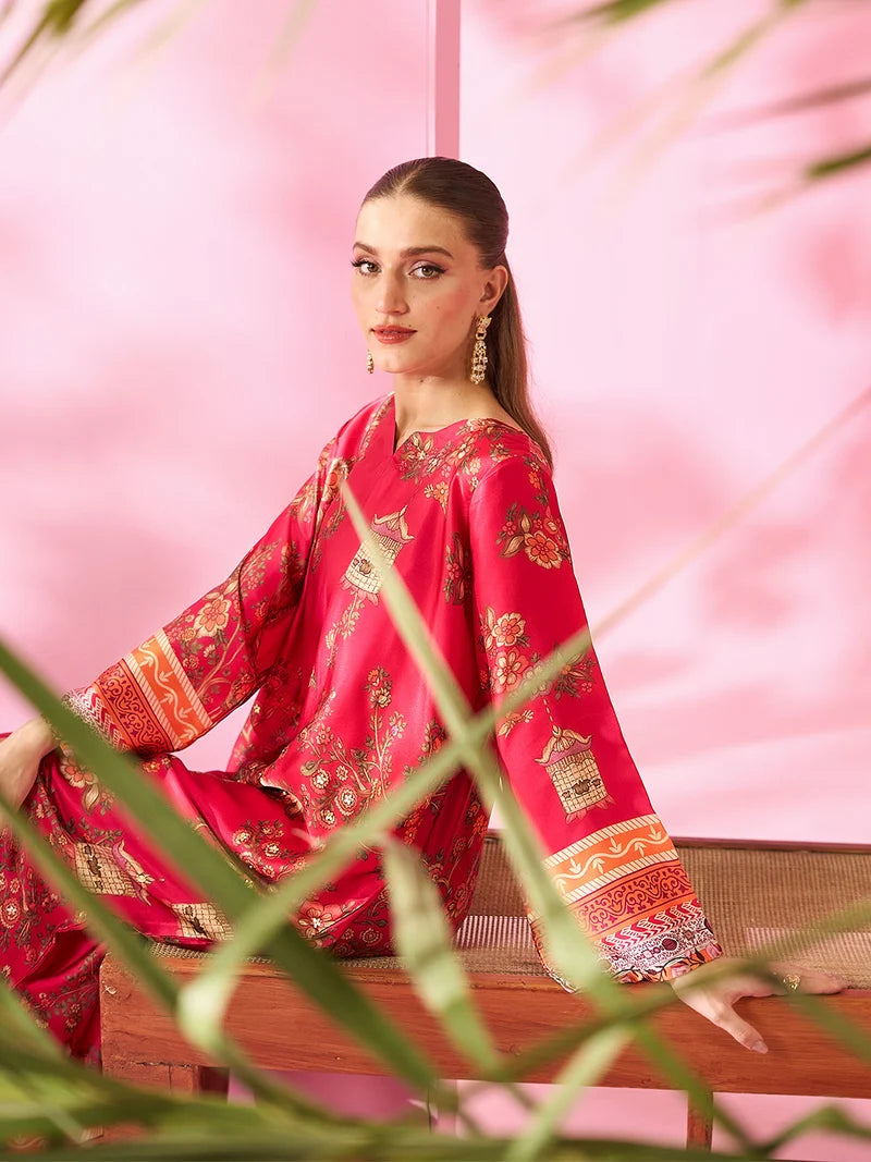 Meherbaan Luxe Printed Silk Kaftan With Hand Crafted Adda Work Ready to Wear Pakistani Festive Party Wear Women's Outfit