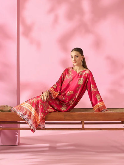 Meherbaan Luxe Printed Silk Kaftan With Hand Crafted Adda Work Ready to Wear Pakistani Festive Party Wear Women's Outfit