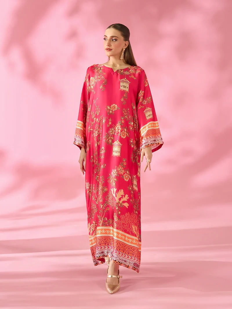Meherbaan Luxe Printed Silk Kaftan With Hand Crafted Adda Work Ready to Wear Pakistani Festive Party Wear Women's Outfit