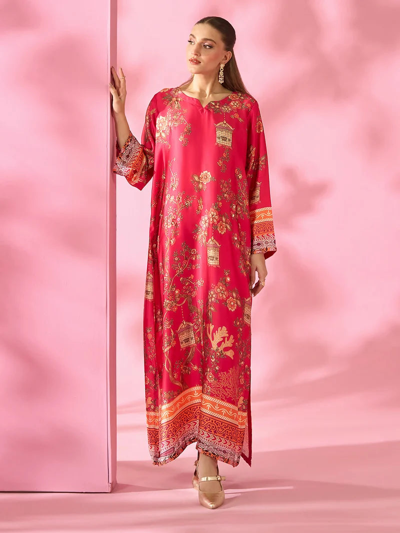 Meherbaan Luxe Printed Silk Kaftan With Hand Crafted Adda Work Ready to Wear Pakistani Festive Party Wear Women's Outfit