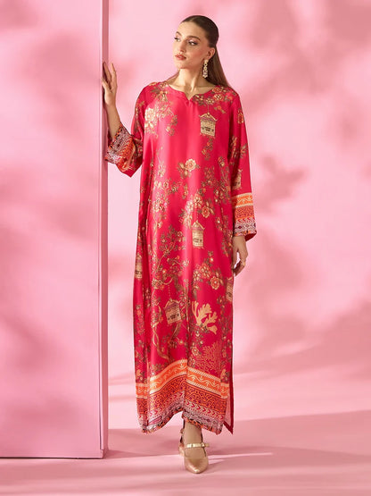 Meherbaan Luxe Printed Silk Kaftan With Hand Crafted Adda Work Ready to Wear Pakistani Festive Party Wear Women's Outfit