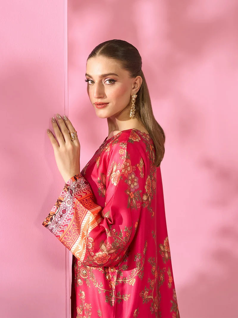 Meherbaan Luxe Printed Silk Kaftan With Hand Crafted Adda Work Ready to Wear Pakistani Festive Party Wear Women's Outfit