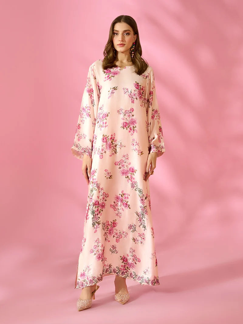 Adaa-e-Zarqa Printed Silk Kaftan With Hand Crafted Adda Work Ready to Wear Pakistani Festive Party Wear Women's Outfit