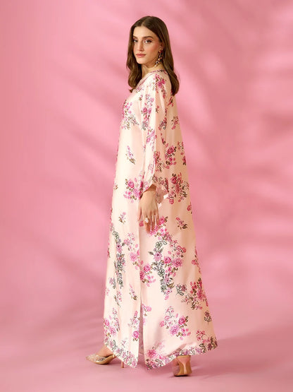 Adaa-e-Zarqa Printed Silk Kaftan With Hand Crafted Adda Work Ready to Wear Pakistani Festive Party Wear Women's Outfit
