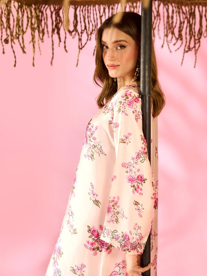Adaa-e-Zarqa Printed Silk Kaftan With Hand Crafted Adda Work Ready to Wear Pakistani Festive Party Wear Women's Outfit