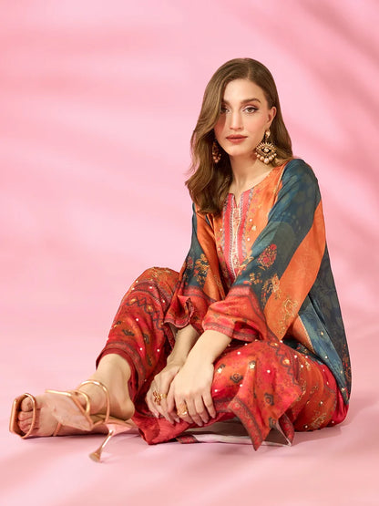 Noor-e-Adaa Printed Silk Kaftan With Hand Crafted Adda Work Ready to Wear Pakistani Festive Party Wear Women's Outfit