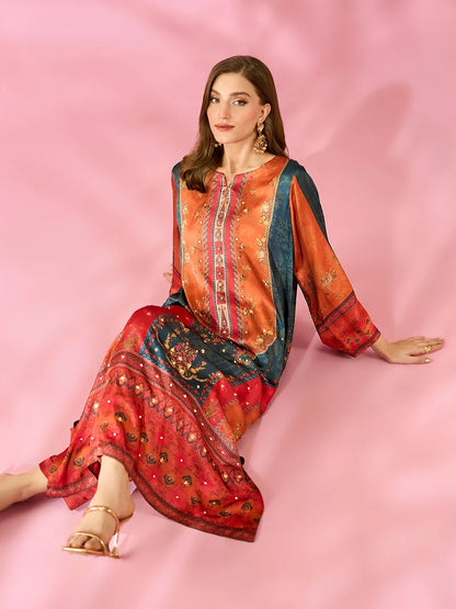 Noor-e-Adaa Printed Silk Kaftan With Hand Crafted Adda Work Ready to Wear Pakistani Festive Party Wear Women's Outfit