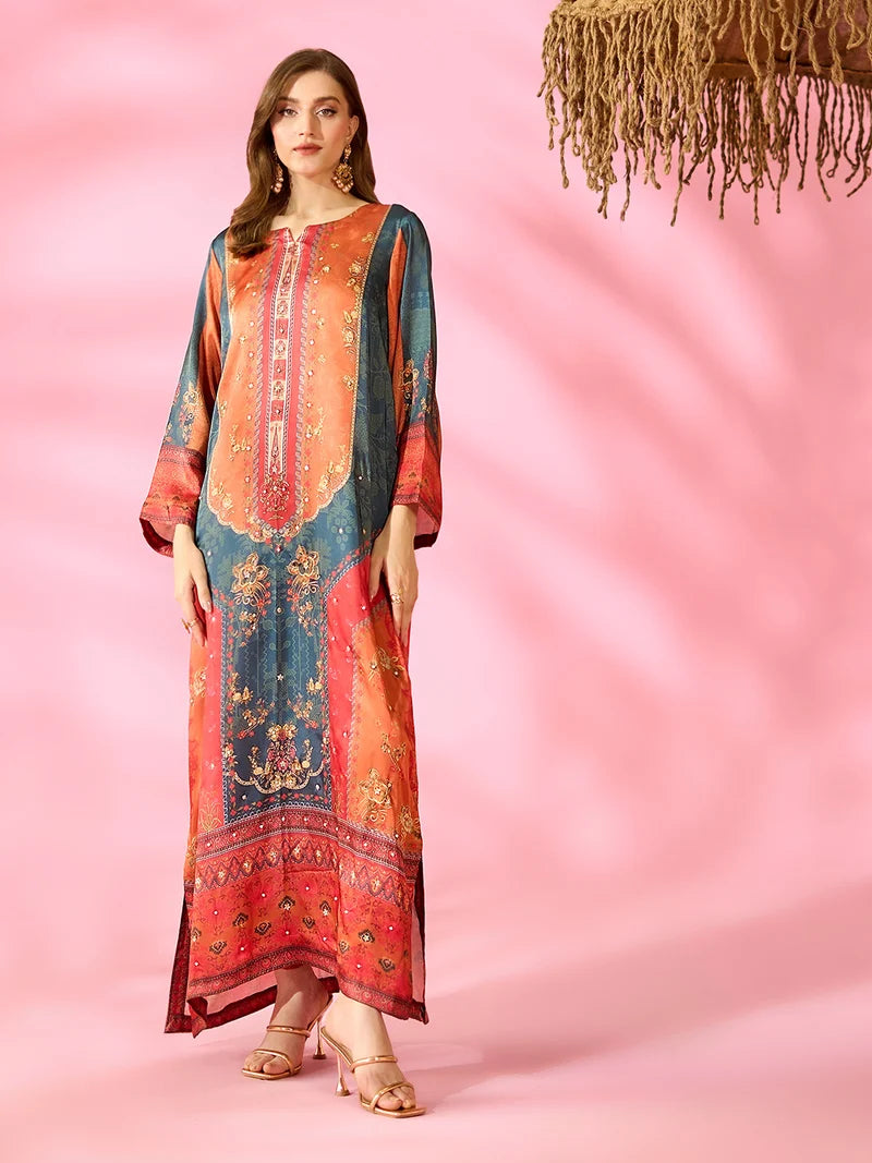 Noor-e-Adaa Printed Silk Kaftan With Hand Crafted Adda Work Ready to Wear Pakistani Festive Party Wear Women's Outfit