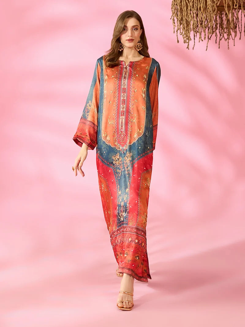 Noor-e-Adaa Printed Silk Kaftan With Hand Crafted Adda Work Ready to Wear Pakistani Festive Party Wear Women's Outfit