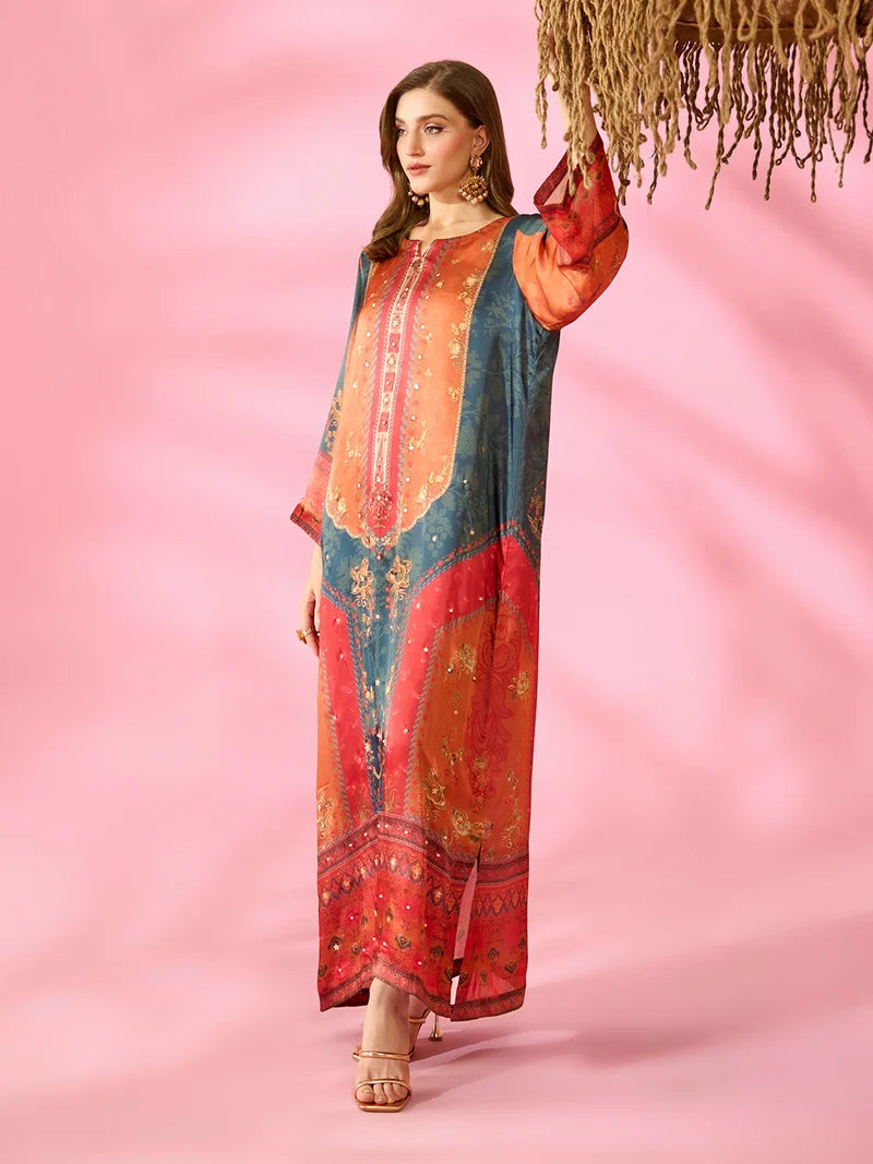 Noor-e-Adaa Printed Silk Kaftan With Hand Crafted Adda Work Ready to Wear Pakistani Festive Party Wear Women's Outfit