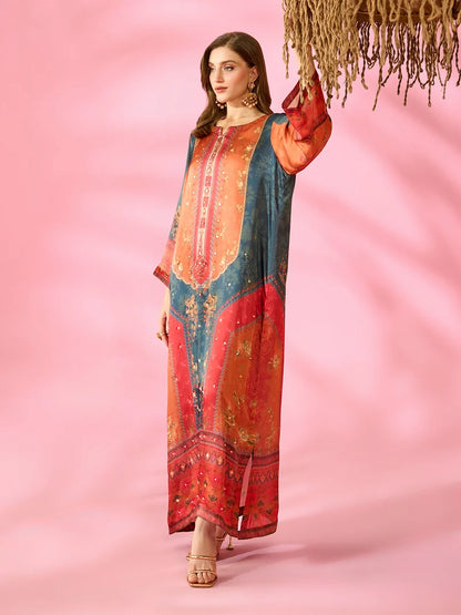 Noor-e-Adaa Printed Silk Kaftan With Hand Crafted Adda Work Ready to Wear Pakistani Festive Party Wear Women's Outfit