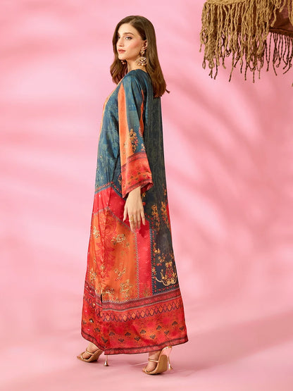 Noor-e-Adaa Printed Silk Kaftan With Hand Crafted Adda Work Ready to Wear Pakistani Festive Party Wear Women's Outfit