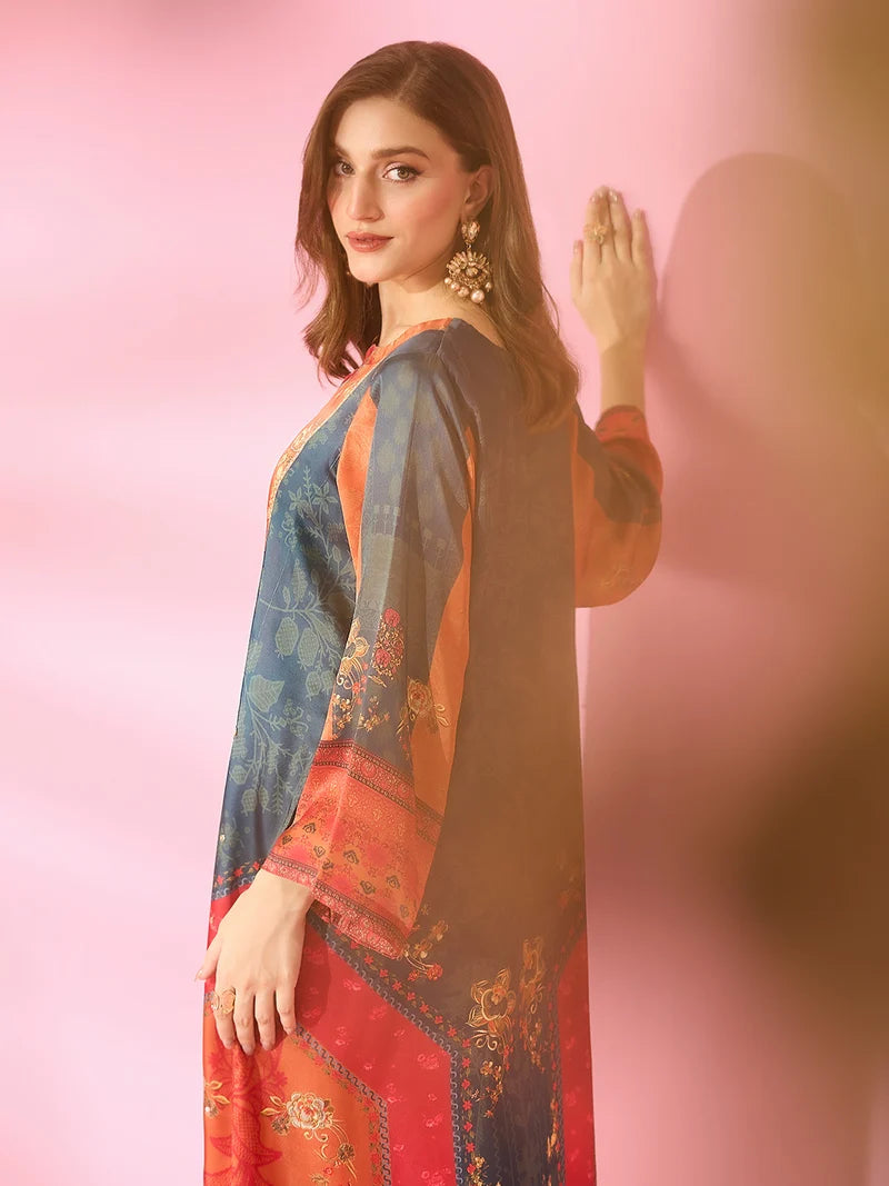 Noor-e-Adaa Printed Silk Kaftan With Hand Crafted Adda Work Ready to Wear Pakistani Festive Party Wear Women's Outfit