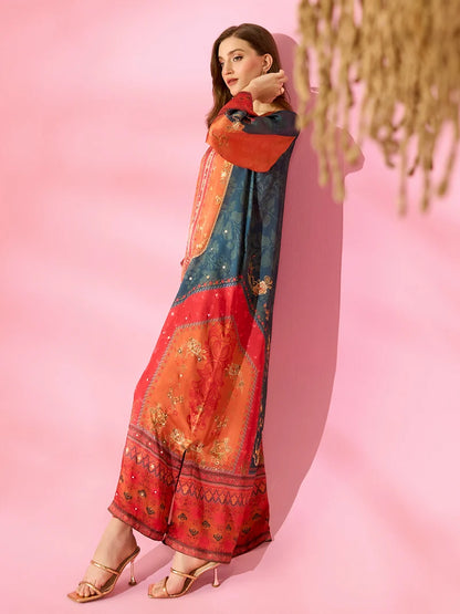 Noor-e-Adaa Printed Silk Kaftan With Hand Crafted Adda Work Ready to Wear Pakistani Festive Party Wear Women's Outfit