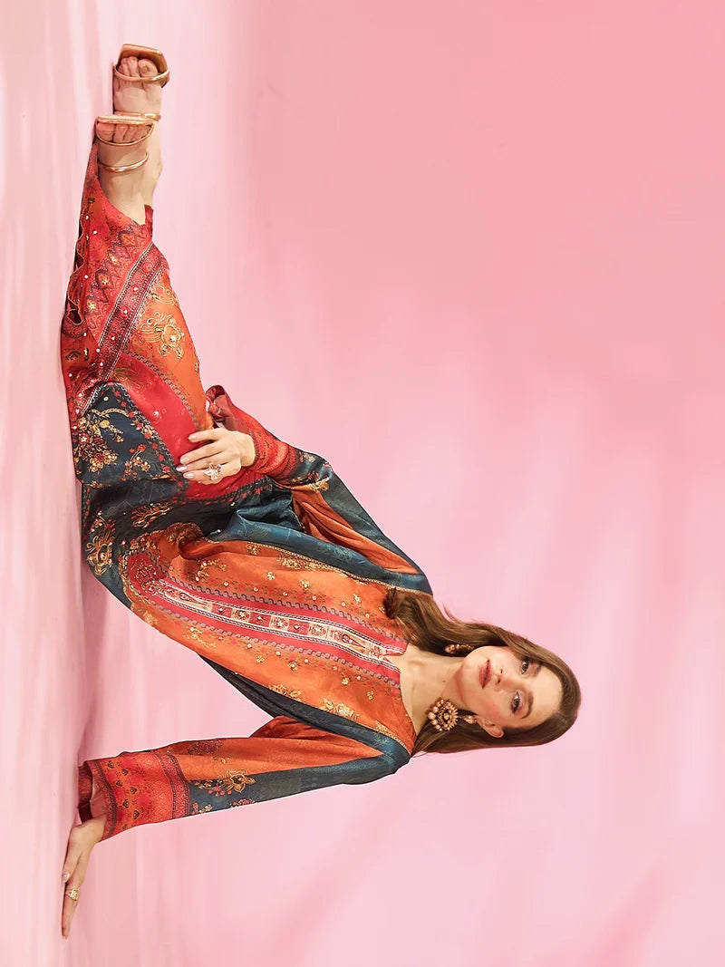 Noor-e-Adaa Printed Silk Kaftan With Hand Crafted Adda Work Ready to Wear Pakistani Festive Party Wear Women's Outfit